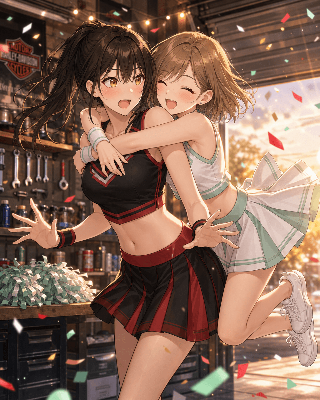 ガレージでチア衣装のヒマリが背後からミツキに勢いよく飛びつくシネマティックアニメイラスト。ヒマリは両足が浮きスカートと髪が流れ、ミツキは不意打ちに驚いて両手を広げながら赤面した笑顔。躍動感のある飛びつきハグ