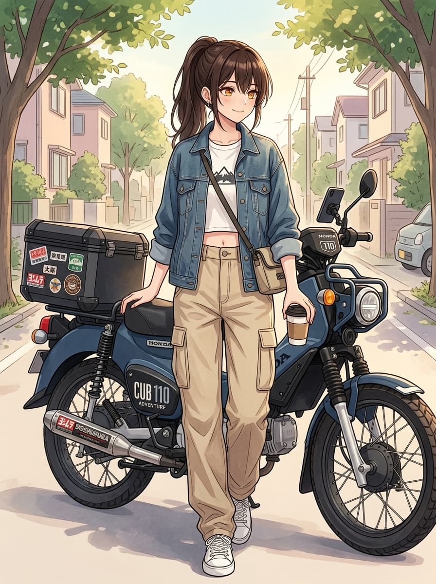クロスカブ110とアメカジスタイルのミツキがほのぼのお散歩しているイラスト