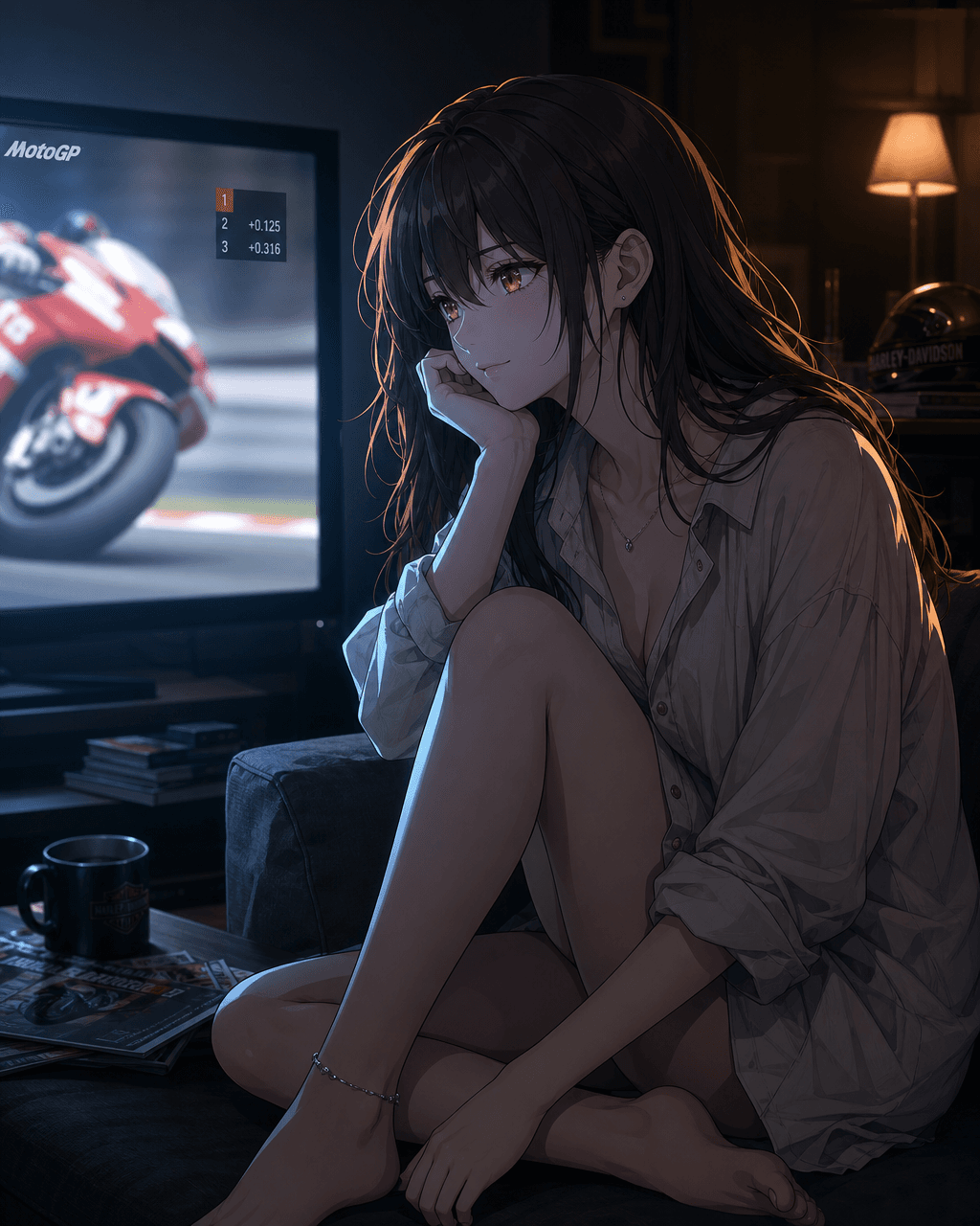 深夜のリビングで膝を抱えてMotoGPドイツGPの中継を観るミツキ。TV画面には赤いドゥカティのMotoGPマシン