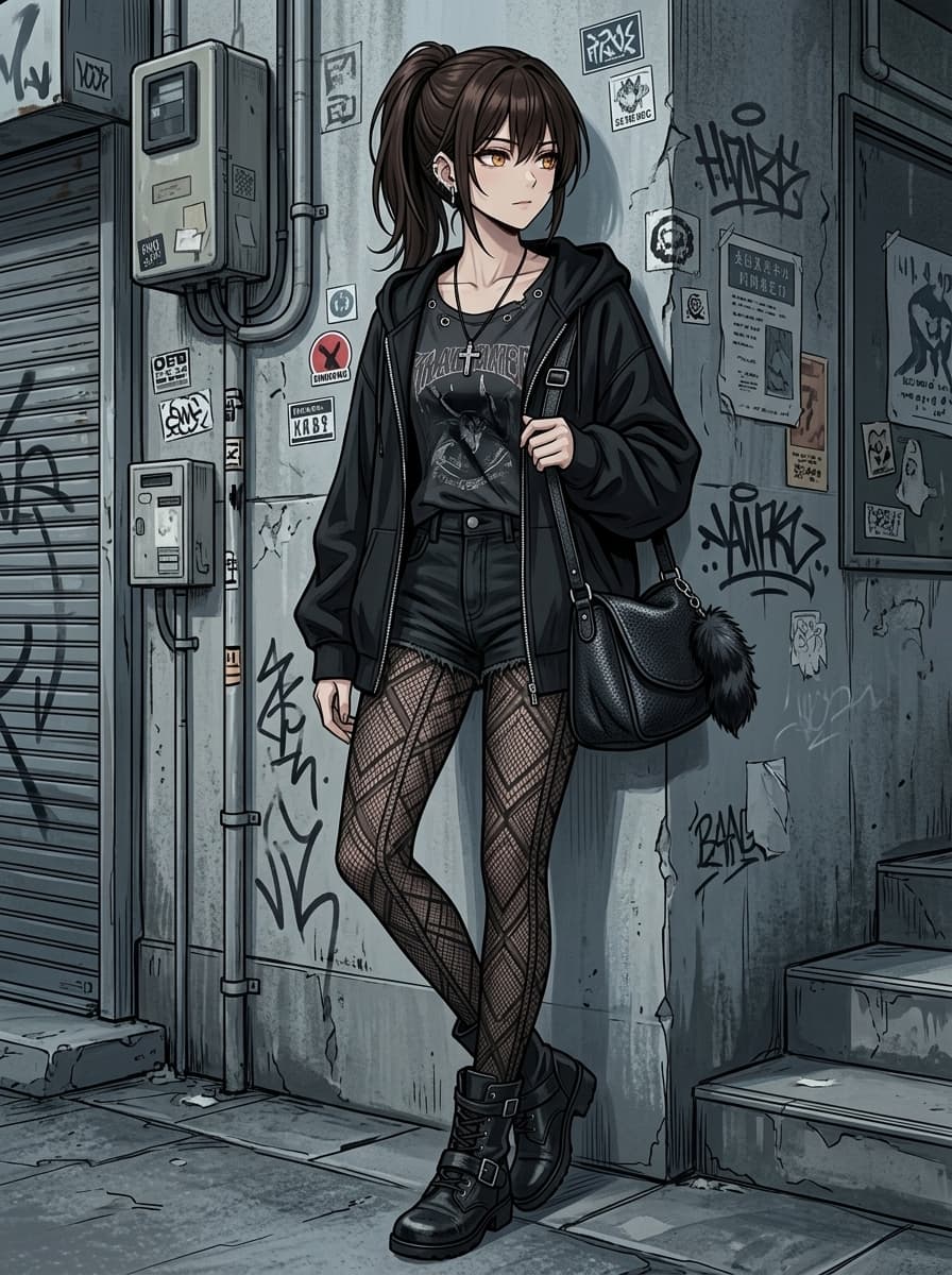 裏路地でオールブラックのストリートファッションに身を包んだミツキのクールなイラスト