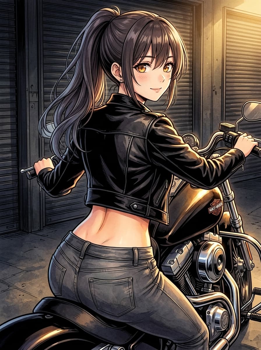 ハーレーにまたがっているミツキ