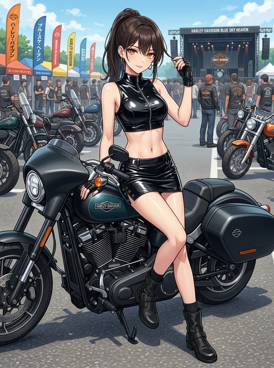 ブルースカイヘブンのイベント会場でハーレーダビッドソン Low Rider STにまたがるミツキ